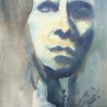 loose watercolour portrait in shades of blue of a face looking forward, with strong lighting coming from the left