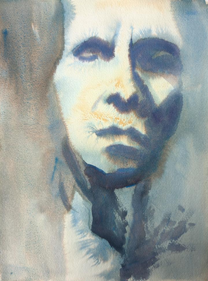 loose watercolour portrait in shades of blue of a face looking forward, with strong lighting coming from the left