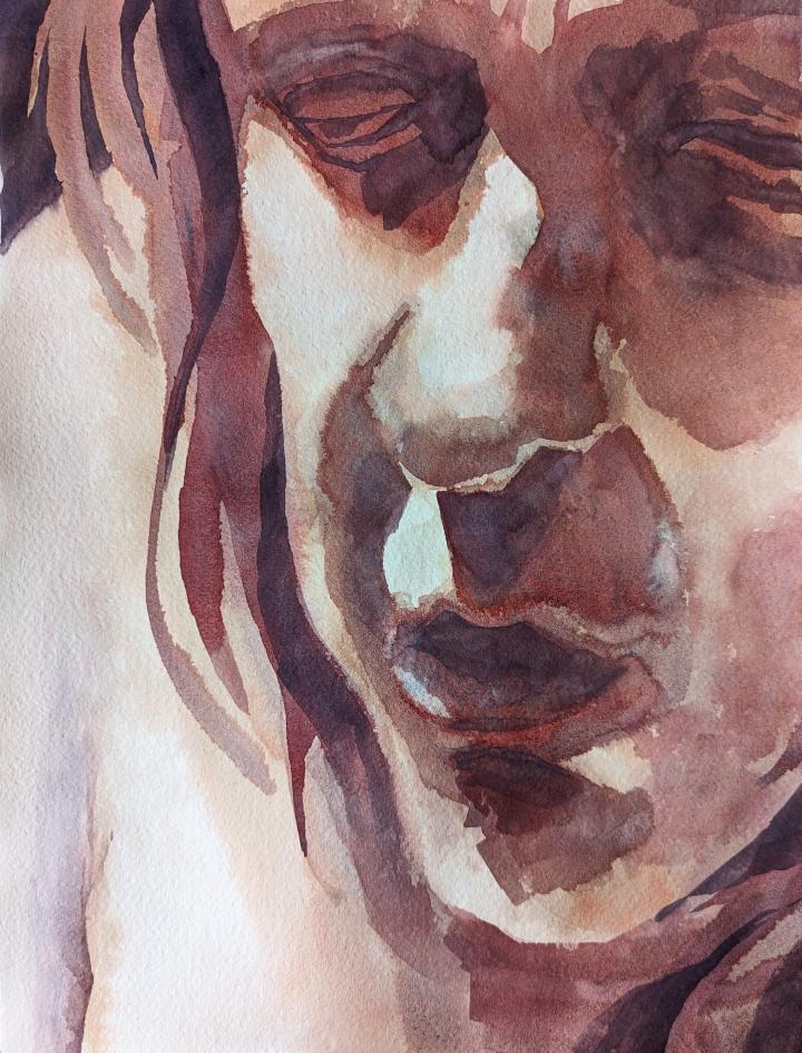 loose watercolour portrait in shades of brown of a woman's face and shoulder, nearly crawling out of the frame, with strong lighting coming from the left