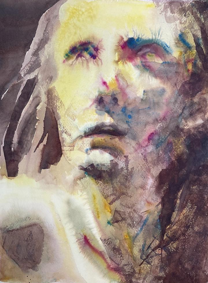 loose watercolour portrait in shades of yellow of a woman's face looking forward, with spotches of saturated blue and magenta flecking the shadows on one side of her face, and strong lighting coming from the left