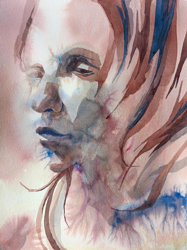 loose watercolour portrait in shades of brown and blue of a woman's face giving side eye to the right, with strong lighting coming from the left
