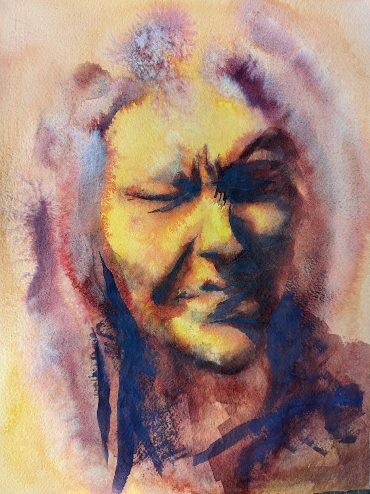 loose watercolour portrait in shades of yellow and brown of a face looking like their head is exploding, with strong lighting coming from the left