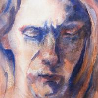 loose watercolour portrait in shades of orange and blue of a face looking down, with lighting coming from the left