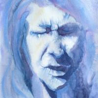 loose watercolour portrait in shades of blue of a person's face with closed eyes, with strong lighting coming from the left