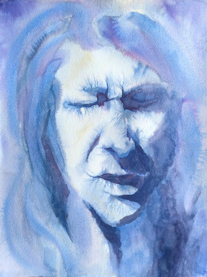 loose watercolour portrait in shades of blue of a person's face with closed eyes, with strong lighting coming from the left