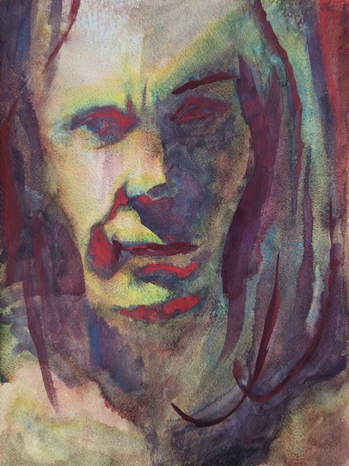 loose watercolour portrait in shades of green and red of a person's face looking forward, with strong lighting coming from the left
