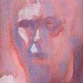 loose watercolour portrait in shades of red and blue of a person's face looking forward, with strong lighting coming from the left, abstract watercolour effects make up the majority of the image, with the highlights defining the form of the face