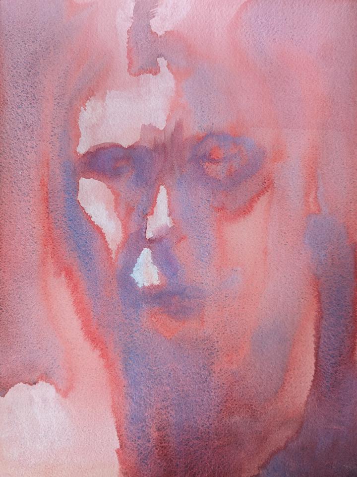 loose watercolour portrait in shades of red and blue of a person's face looking forward, with strong lighting coming from the left, abstract watercolour effects make up the majority of the image, with the highlights defining the form of the face