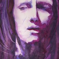 a loose watercolour portrait in shades of purple of a woman looking wary