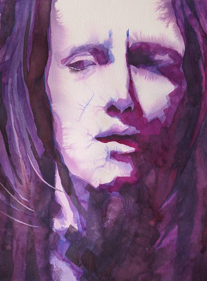 a loose watercolour portrait in shades of purple of a woman looking wary