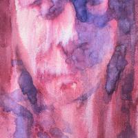 loose watercolour portrait in shades of pink and purple of a person's face looking forward, with strong lighting coming from the left