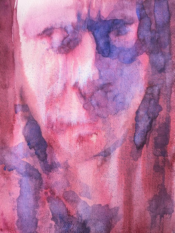 loose watercolour portrait in shades of pink and purple of a person's face looking forward, with strong lighting coming from the left