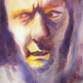 loose watercolour portrait in shades of yellow and purple of a person's face with furrowed brow looking to the left, with strong lighting coming from the left