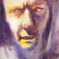 loose watercolour portrait in shades of yellow and purple of a person's face with furrowed brow looking to the left, with strong lighting coming from the left