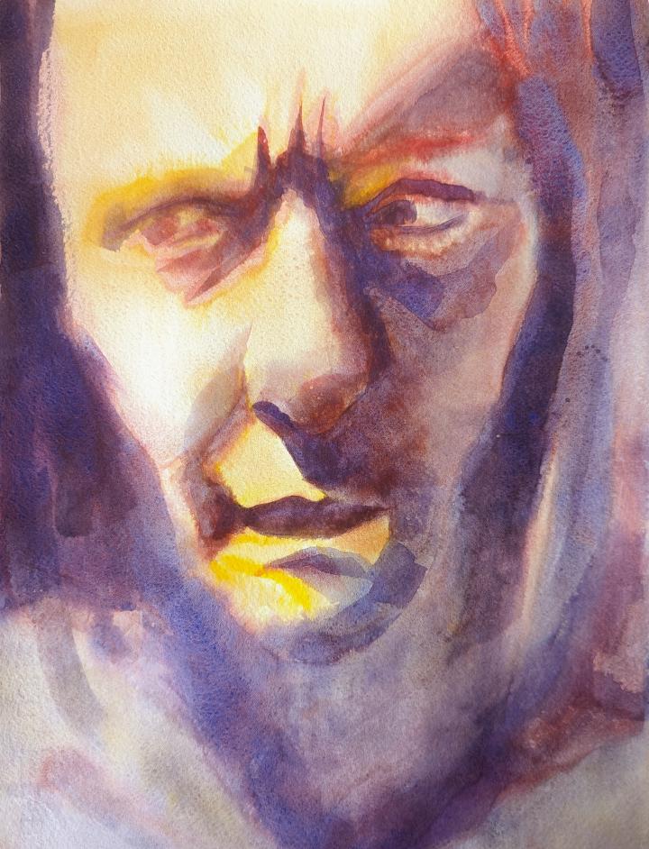 loose watercolour portrait in shades of yellow and purple of a person's face with furrowed brow looking to the left, with strong lighting coming from the left