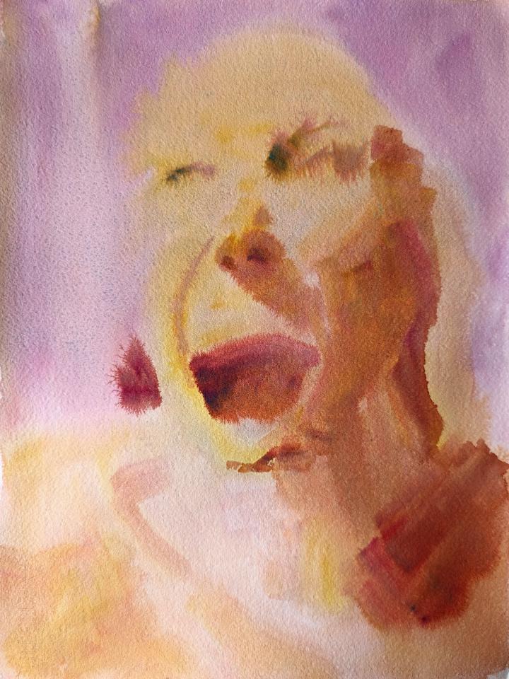 loose yellow and pink watercolour portrait of a face screaming