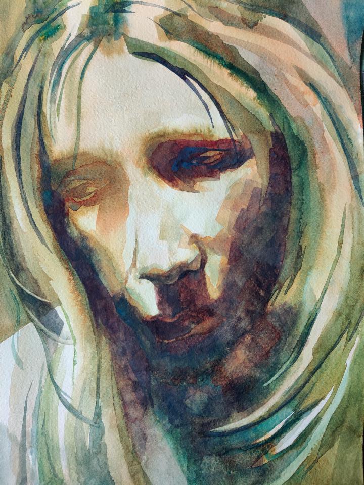 loose olive and brown watercolour portrait of a face looking down and sad