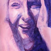 loose watercolour portrait in pink and purple of a woman with hands holding the sides of her head, looking like she's seen something terrile