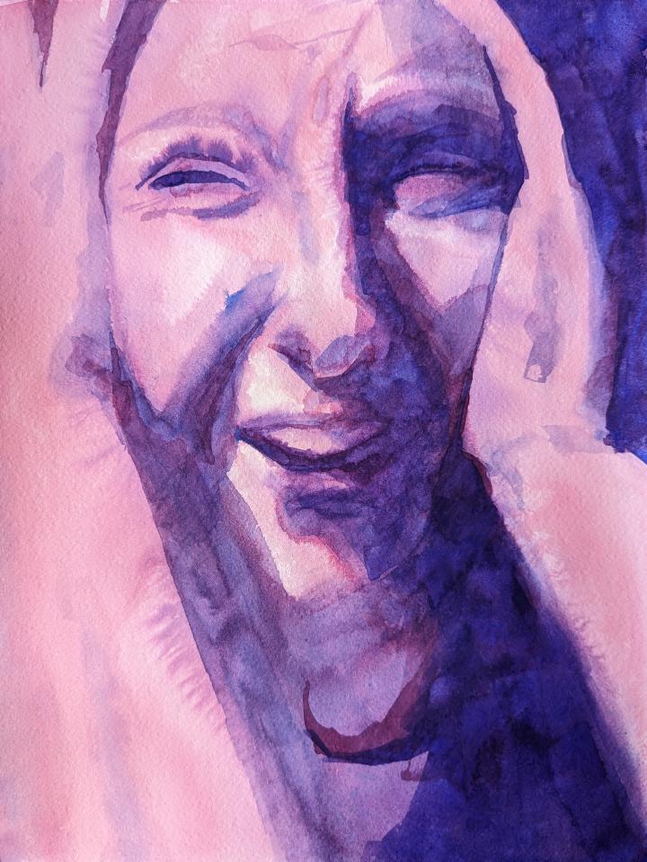 loose watercolour portrait in pink and purple of a woman with hands holding the sides of her head, looking like she's seen something terrile