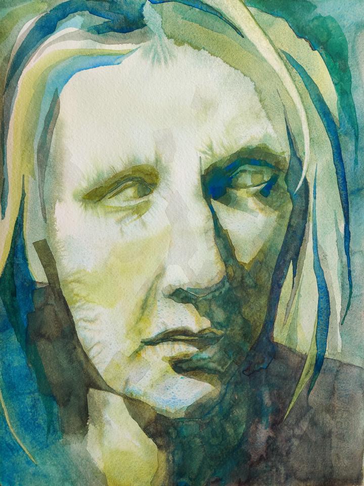 loose watercolour portrait in green of a woman's face looking warily to the right, with strong lighting coming from the left