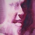 loose watercolour portrait in shades of purple of a contemplative face, with very strong lighting coming from the left