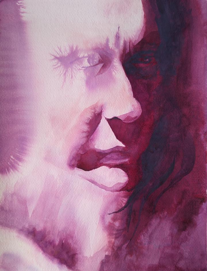 loose watercolour portrait in shades of purple of a contemplative face, with very strong lighting coming from the left