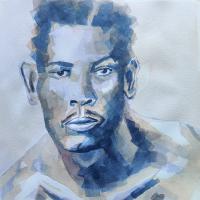 a black male figure looking toward the camera, painted in bold blue brush strokes