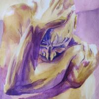 a male figure with arms wrapped around himself, and bending over to crumple in on himself