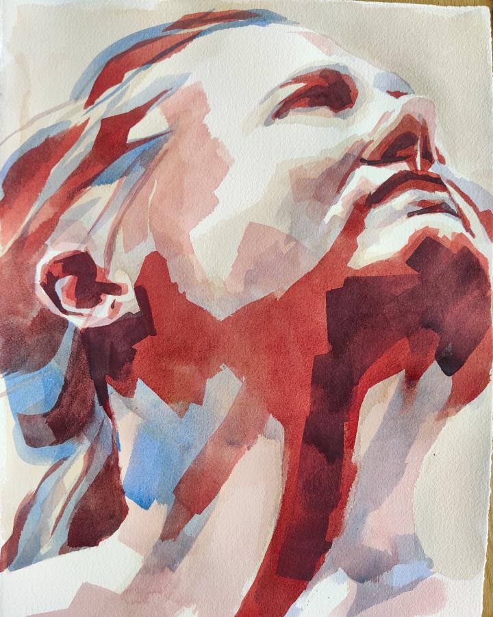 a female figure looking up and to the right, painted in bold red and blue brushstrokes