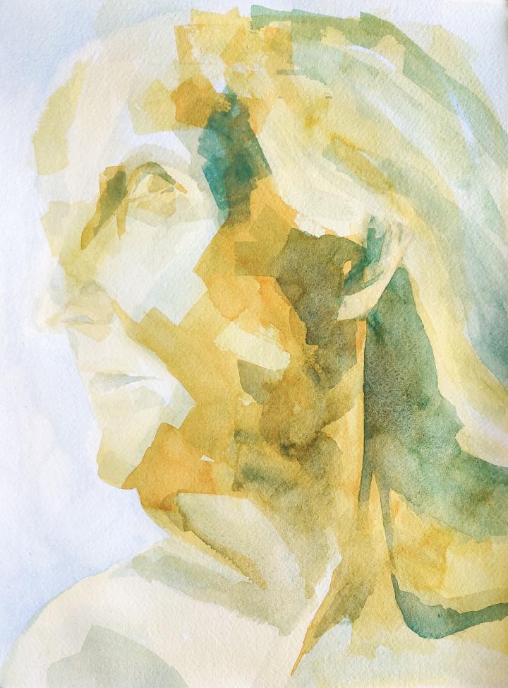 a female figure looking up and to the left, painted in a high key