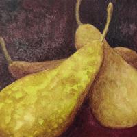 yellow-green pears on a dark background chiaroscuro