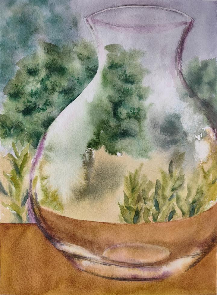 A glass vase sits on a windowsill in front of some trees.  The reflections on the vase are formed of runs and bleeds in the watercolour.