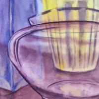 The horizontal lines of the rim, base and reflections of a purple bowl interact with the vertical lines in a yellow cup that sits behind it.