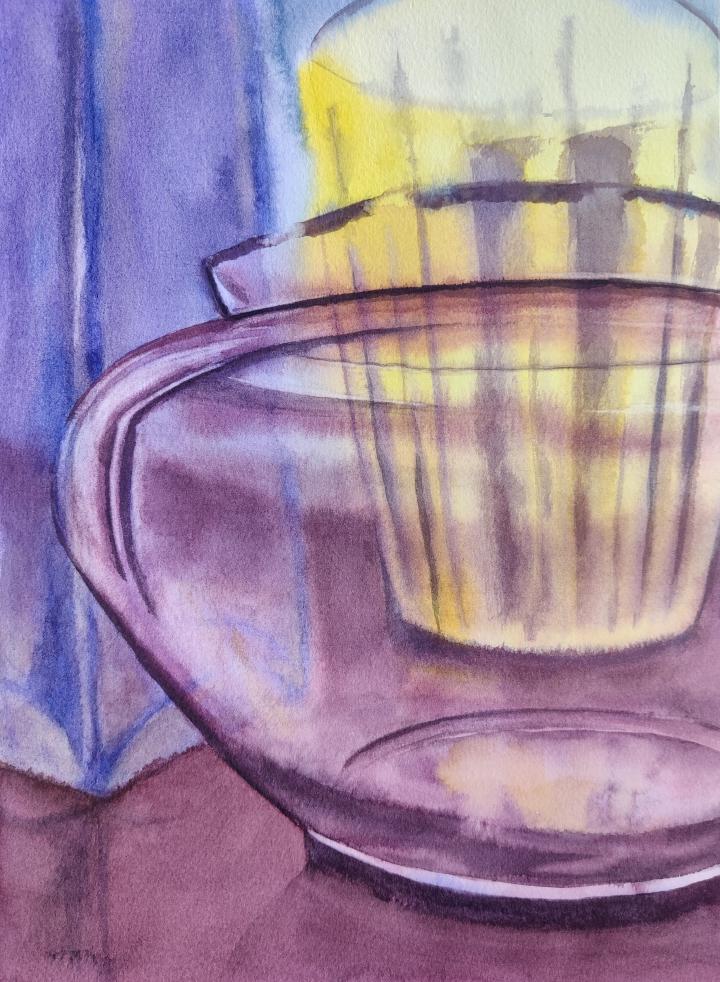 The horizontal lines of the rim, base and reflections of a purple bowl interact with the vertical lines in a yellow cup that sits behind it.