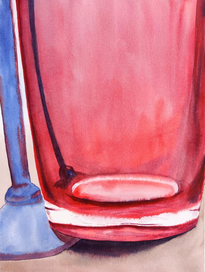 a red cup stands on the base of a blue wine glass, and is tilted but the frame of the painting is oriented with the red glass