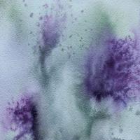 Loose watercolour painting of 3 thistles, where the bleeds of purple watercolour mimic the pointiness of the flowers, on a grey-green background