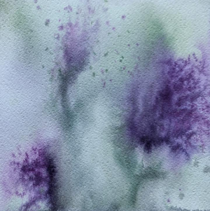 Loose watercolour painting of 3 thistles, where the bleeds of purple watercolour mimic the pointiness of the flowers, on a grey-green background